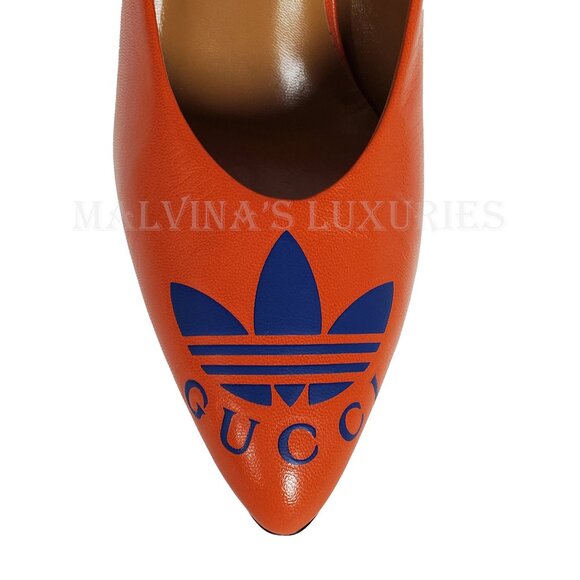 GUCCI SHOES ADIDAS X TREFOIL ORANGE LEATHER PUMPS w LOGO sz 37 / 7 - Picture 12 of 16